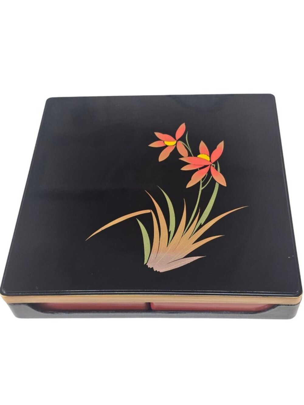 Vintage Japanese Lacquer Style Plastic Bento Snack Box 4 Inserts Floral Lid 11”